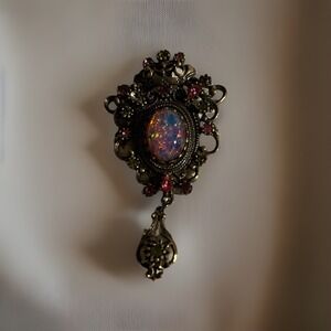Sarah Coventry CONTESSA Pink FIERY Foiled Opal Crown Brooch Pendant 1960-70